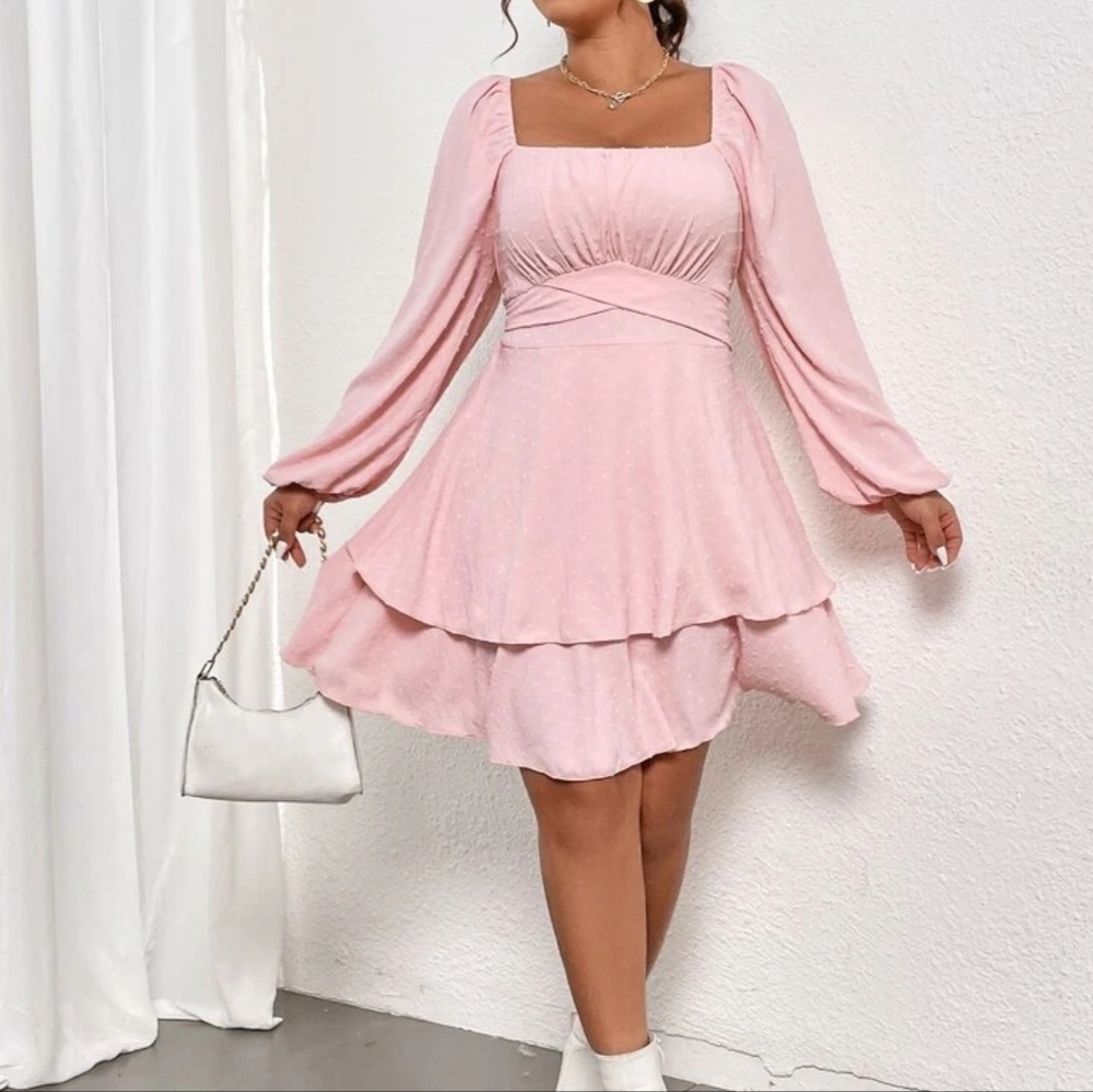 Plus Swiss Dot Square Neck Lantern Sleeve Two Layer Hem Dress